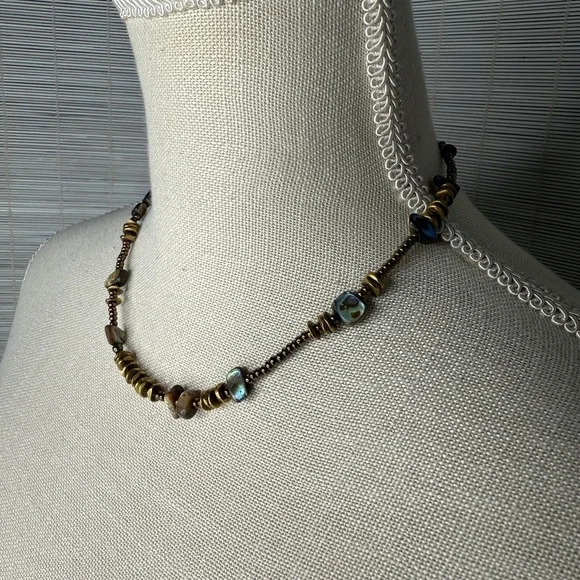 Silpada Necklace Abalone Shell Brass Beads Sterling Clasp Adjustable Boho - Picture 2 of 5
